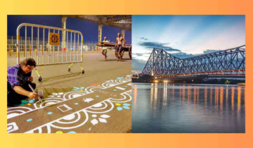 Colorful 'Alpana' patterns decorate Kolkata's Howrah Bridge before Durga Puja