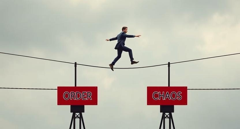 Show a tightrope walker balancing between two platforms labeled "Order" and "Chaos."