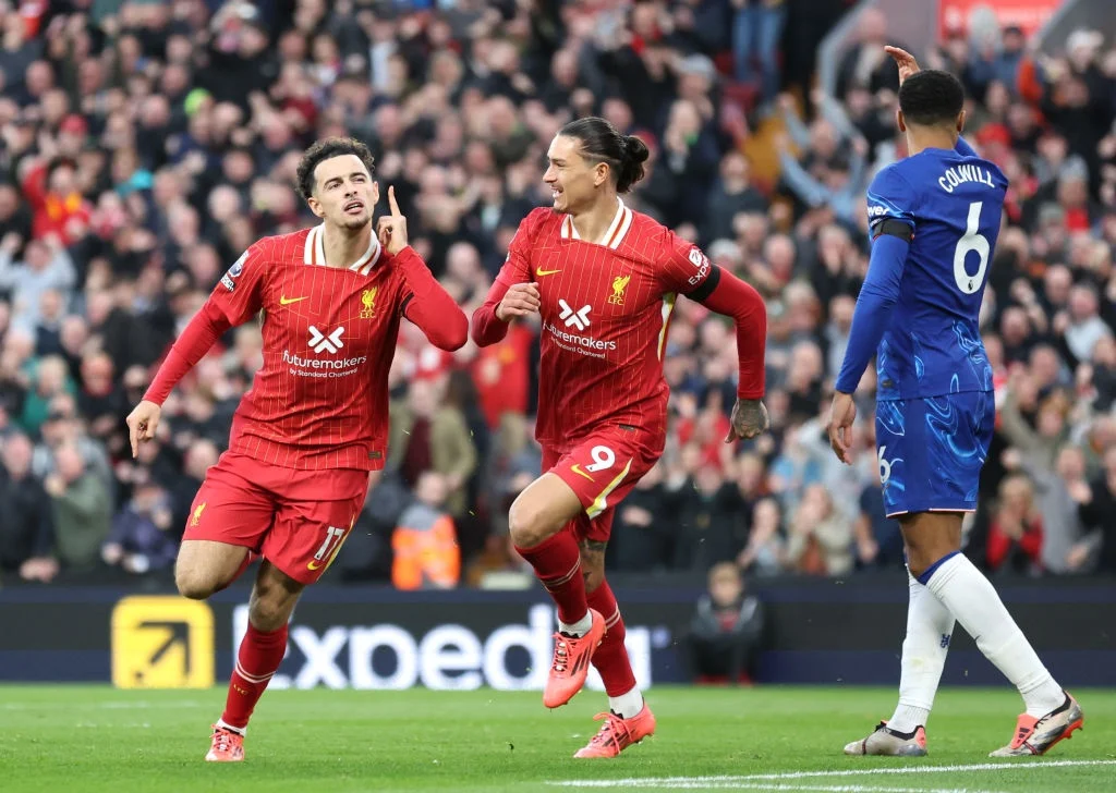 Liverpool’s Curtis Jones celebrates scoring its second goal with Darwin Nunez. 