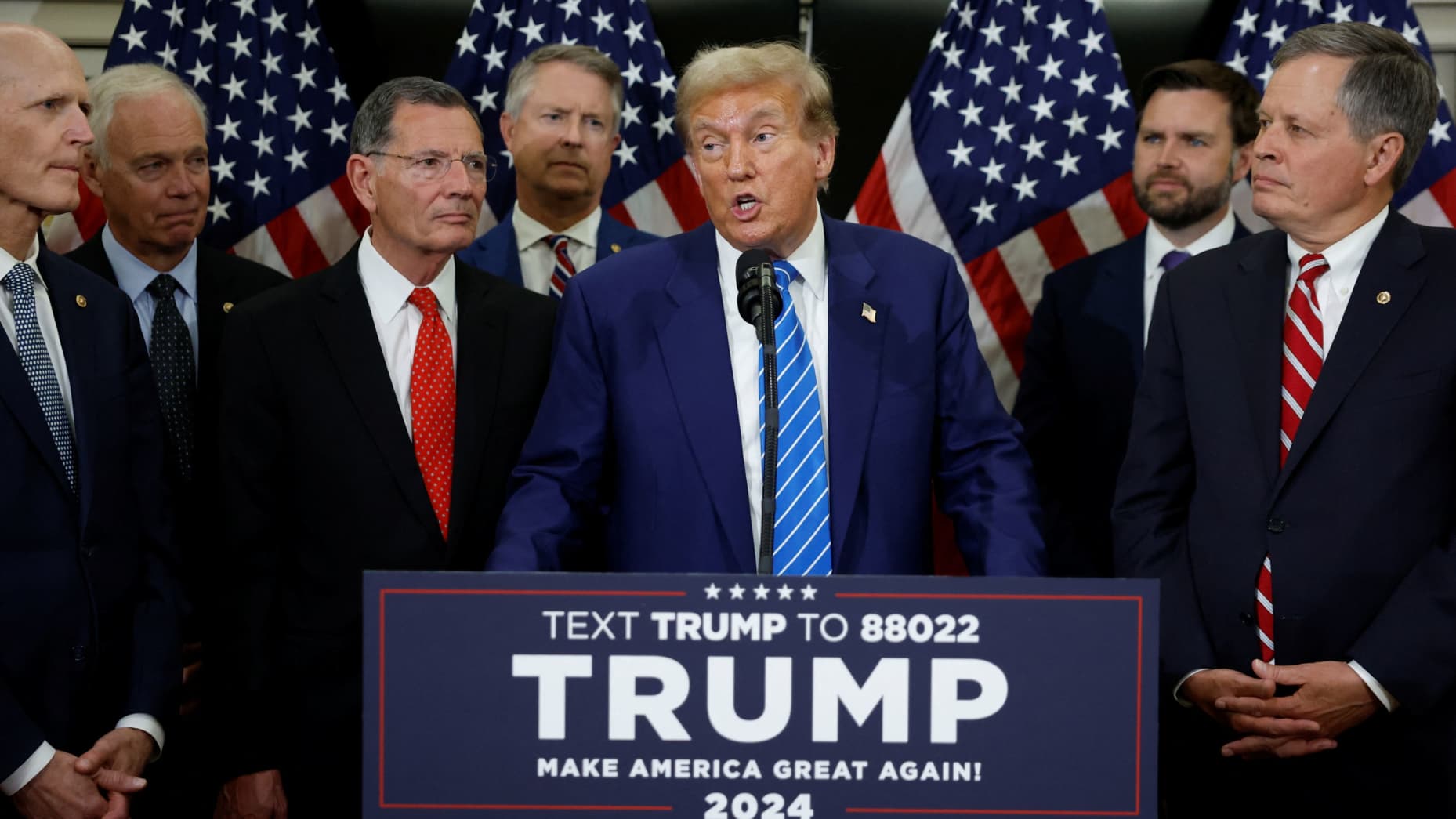 Republican presidential candidate former President Donald Trump speaks to the media following meetings with Republicans on Capitol Hill, at the National Republican Senatorial Committee headquarters in Washington.