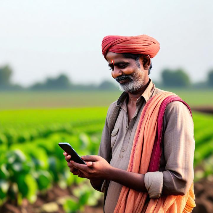 An AI image of a farmer using his phone 