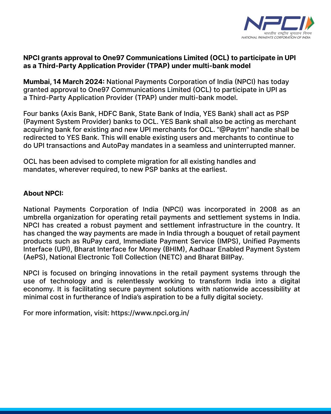 photo: Official NPCI notice to Paytm 
