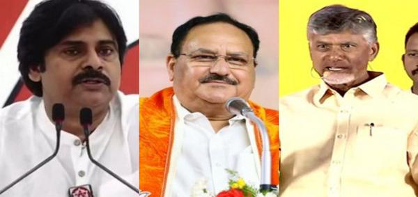 TDP's Naidu, Union Home Minister Amit Shah, BJP President J P Nadda, and Jana Sena Party chief Pawan Kalyan