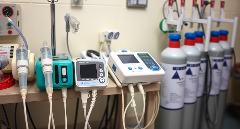 A close-up shot of essential medical devices such as nebulisers, pulse oximeters, and oxygen cylinders arranged neatly in a district hospital. This image will highlight the resources being allocated to improve child health.