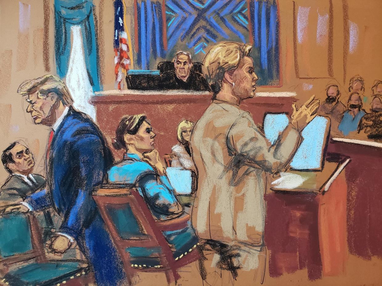 photo: An artist's sketch of former President Donald Trump walking out of a federal courtroom in New York as an attorney for E. Jean Carroll presents her closing argument on Friday, Jan. 26, 2024.