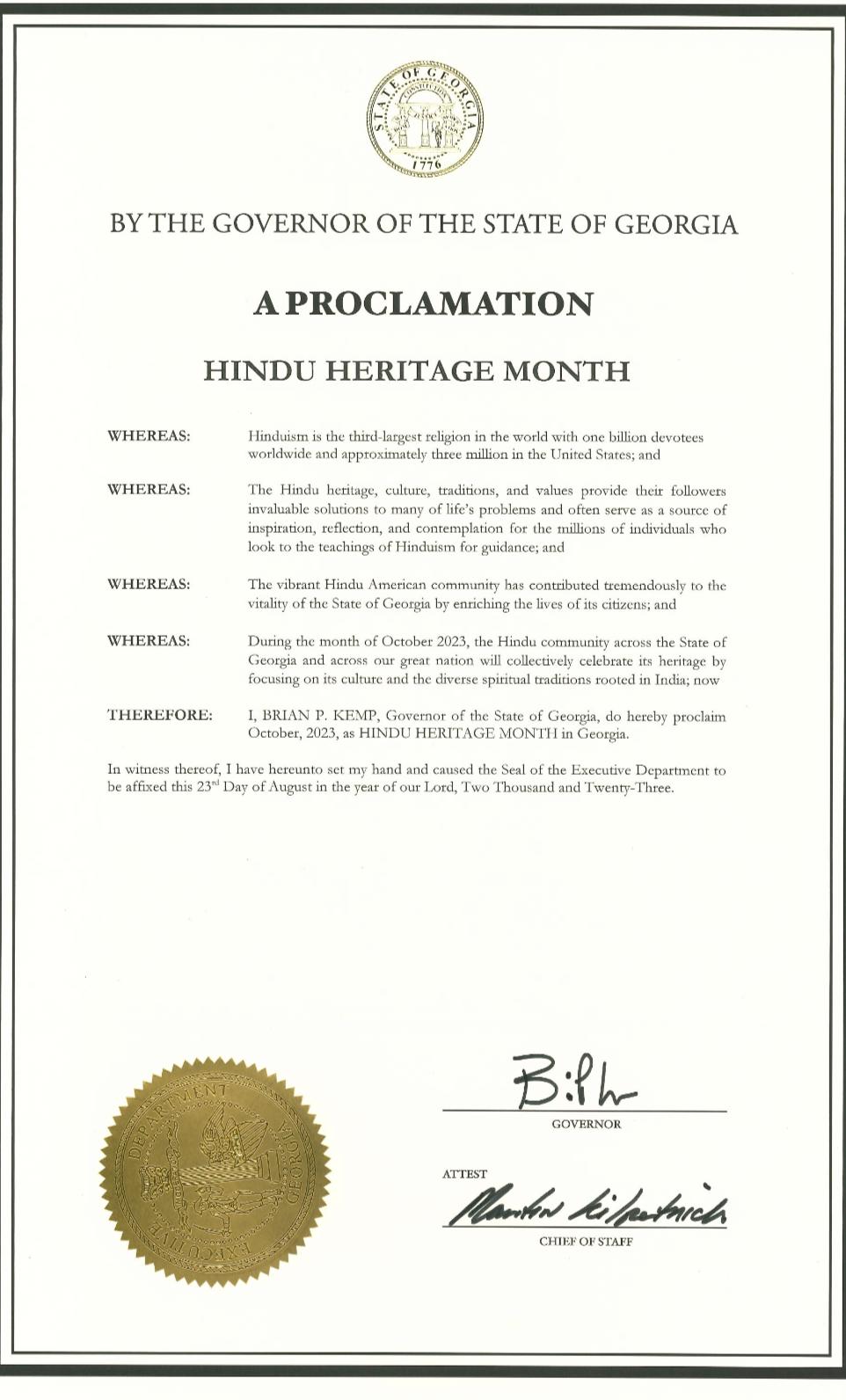 USA : Georgia declares October as ‘Hindu Heritage Month’