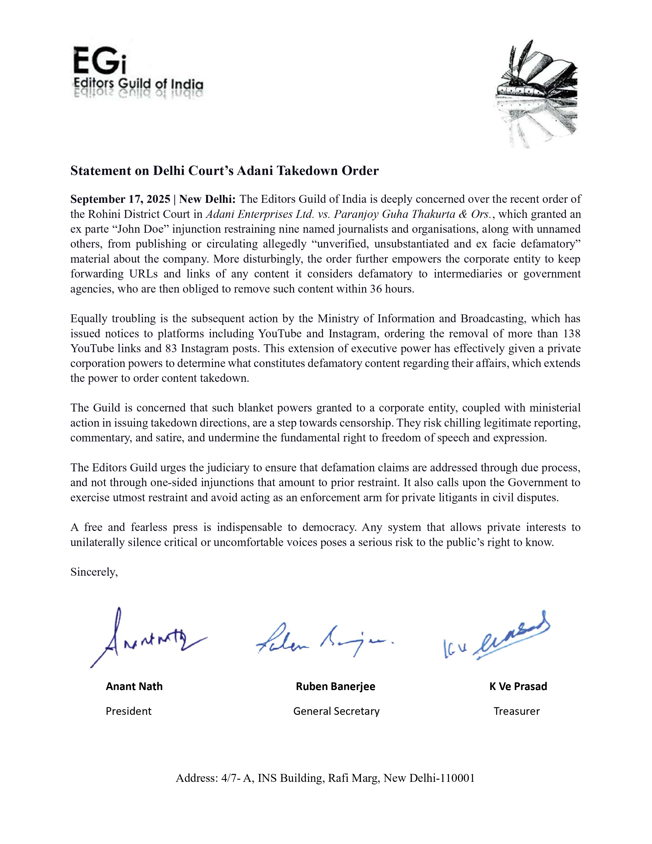 Editors Guild Slams Adani Takedown Order as Troubling