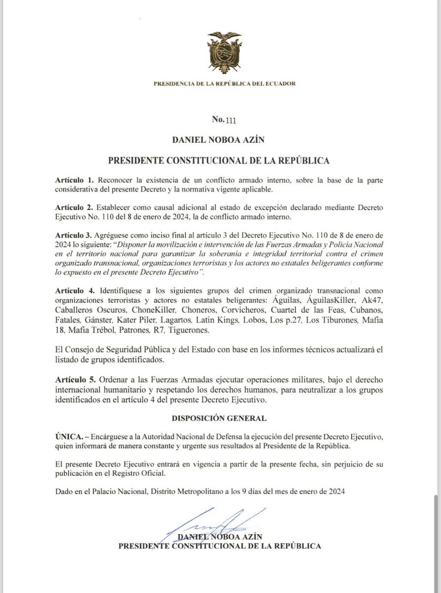 official decree from president of Ecuador declaring 'Internal Armed Conflict' 