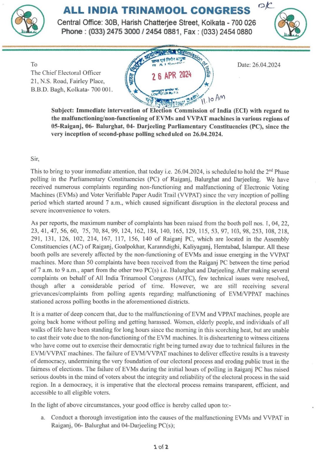 photo: a letter to ECI regarding the malfunctioning of EVMs and VVPAT machines