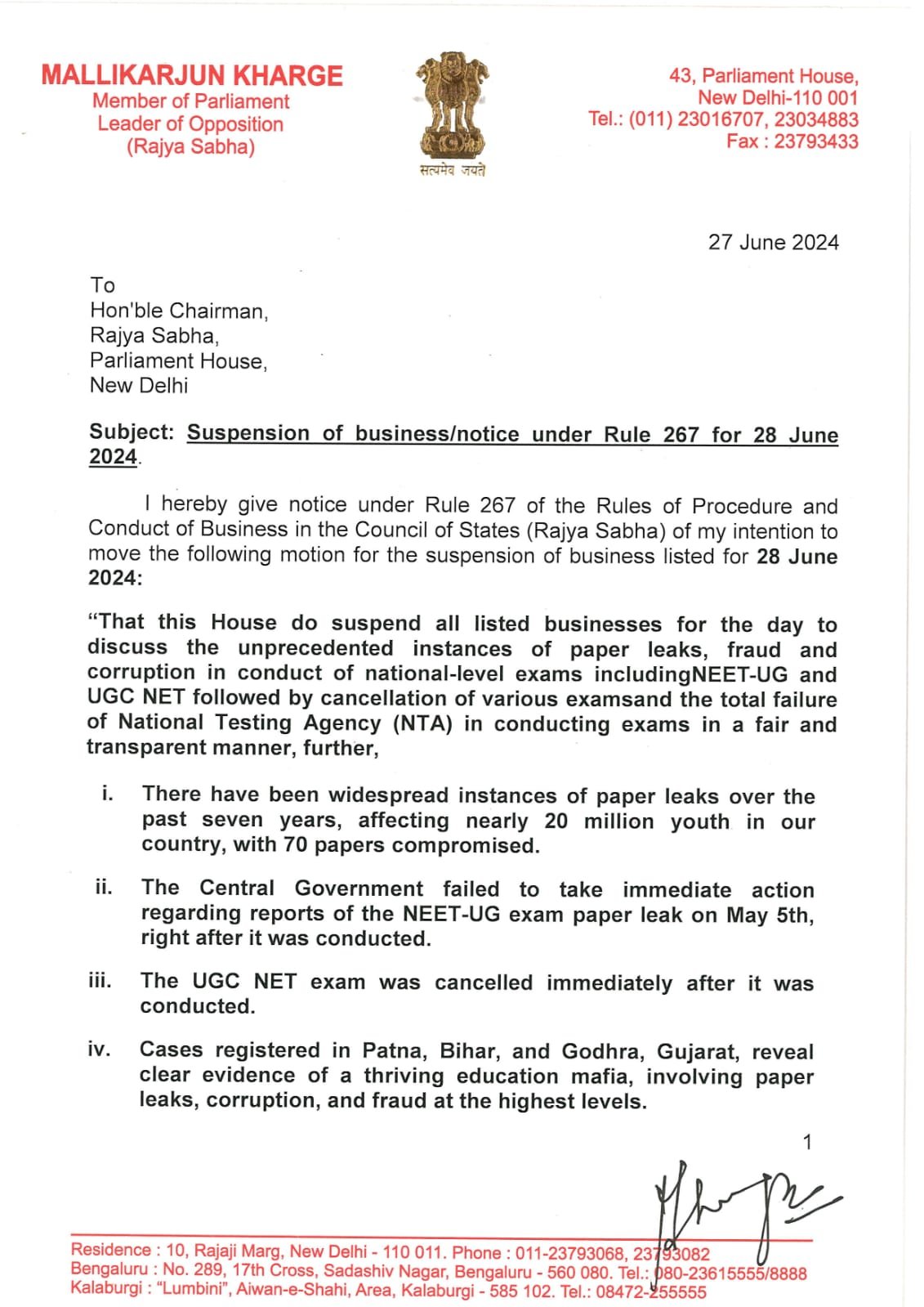 Mallikarjun Kharge's Letter to Rajya Sabha Chairman on NEET Issue