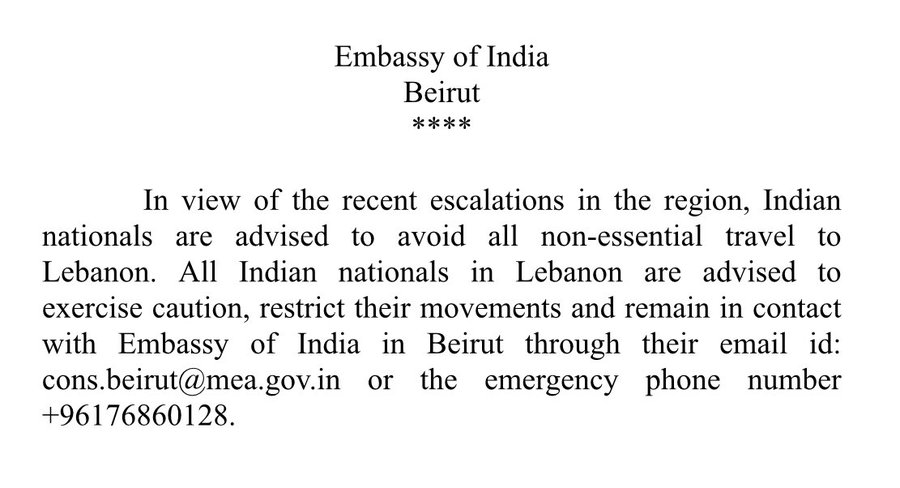 photo: Indian Embassy in Lebanon travel advisory