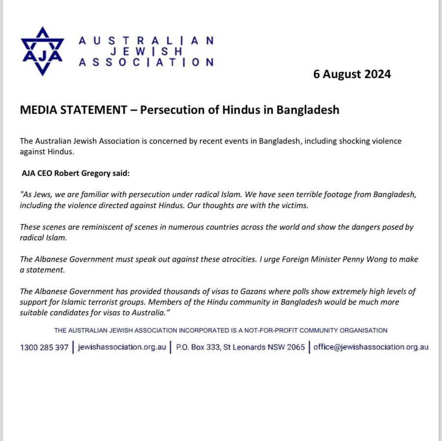 Australian Jewish Association condemns persecution of Hindus in Bangladesh.