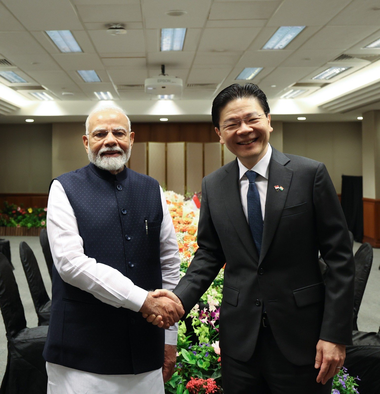 Prime Minister Narendra Modi with his Singapore counterpart Lawrence Wong during the latter's ceremonial reception, at Parliament House, in Singapore