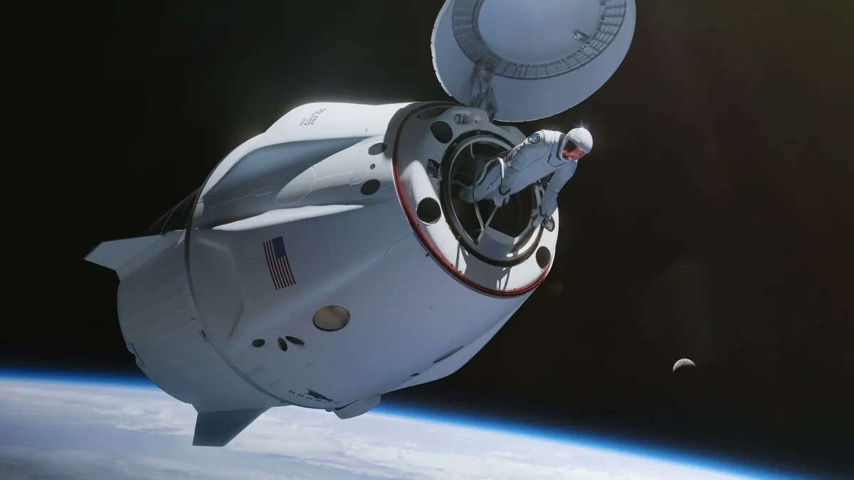 This image provided by SpaceX on Tuesday, shows a view of Earth and the Dragon capsule's Skywalker spacewalk platform shortly after the Polaris Dawn crew launched into orbit. 