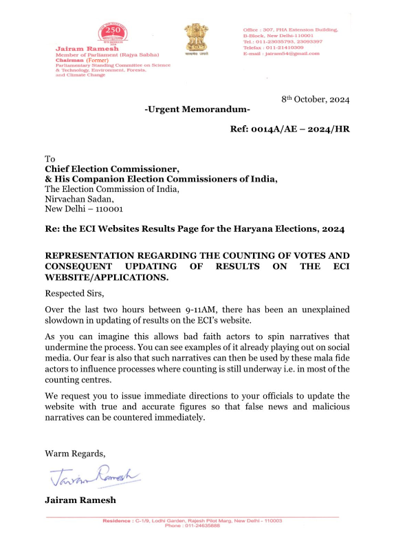 A memo is submitted to the Election Commission by Congress General Secretary in-charge of Communications, Jairam Ramesh, asking it to give its representatives immediate instructions to update the website "with true and accurate figures so that the false news and malicious narratives can be countered immediately."