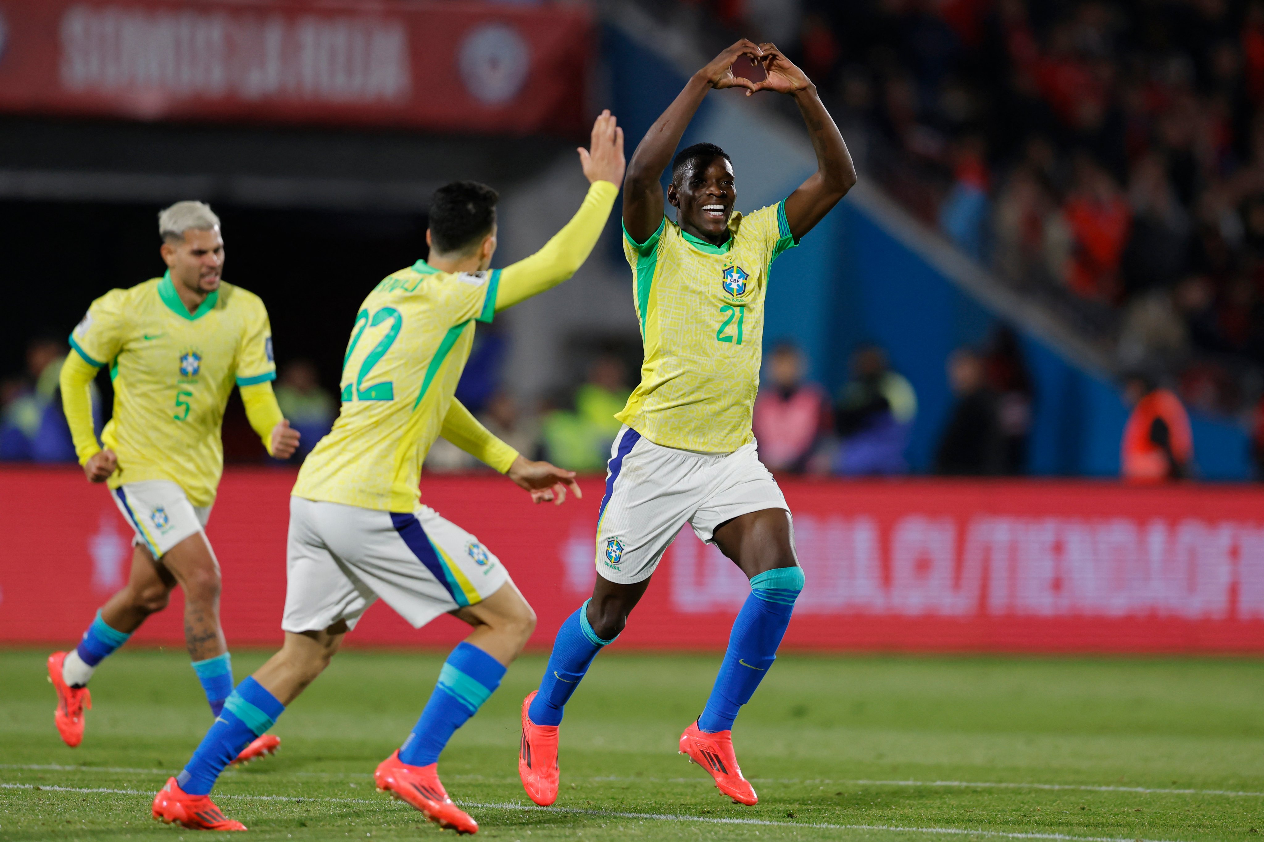 Brazil’s Luiz Henrique celebrates after scoring his team’s second goal during the FIFA World Cup 2026 