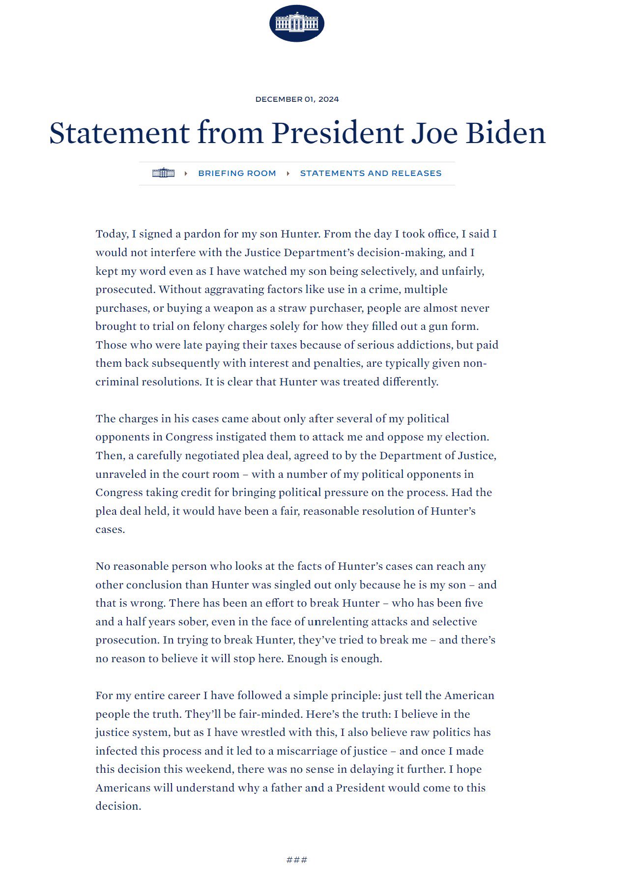 Statement of Joe Biden. 