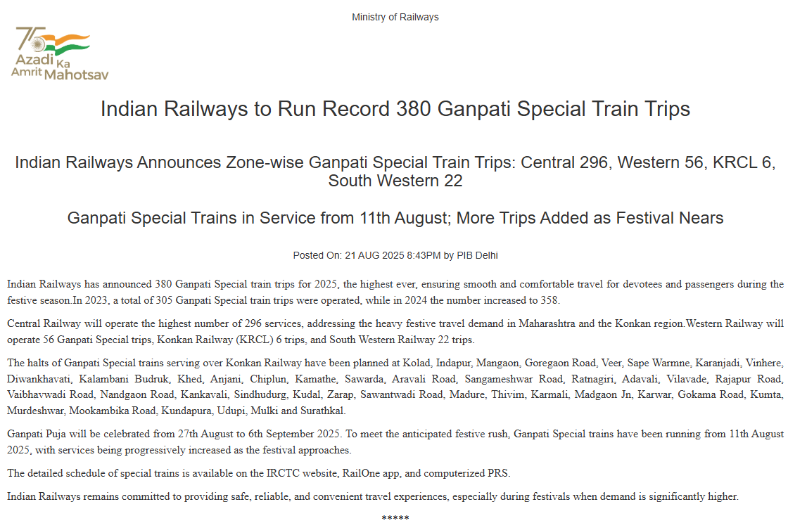 Ganpati Special Trains 2025: Indian Railways to Run 380 Trips