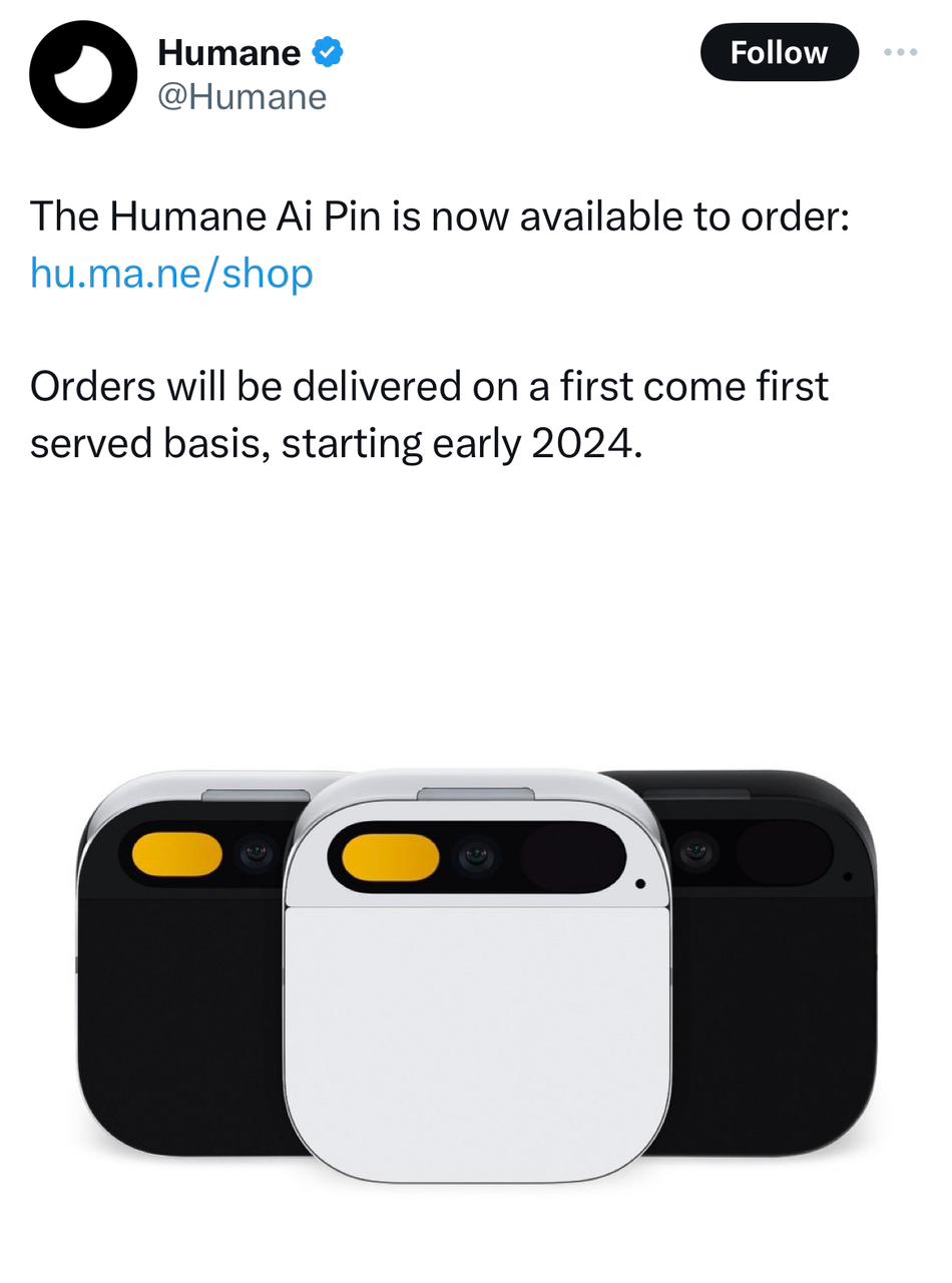 AI startup company Humane revealed that their AI Pin, an innovative AI-powered wearable, that enables AI interaction without a screen, is scheduled to commence shipping in March 2024, in a post on X last Friday.