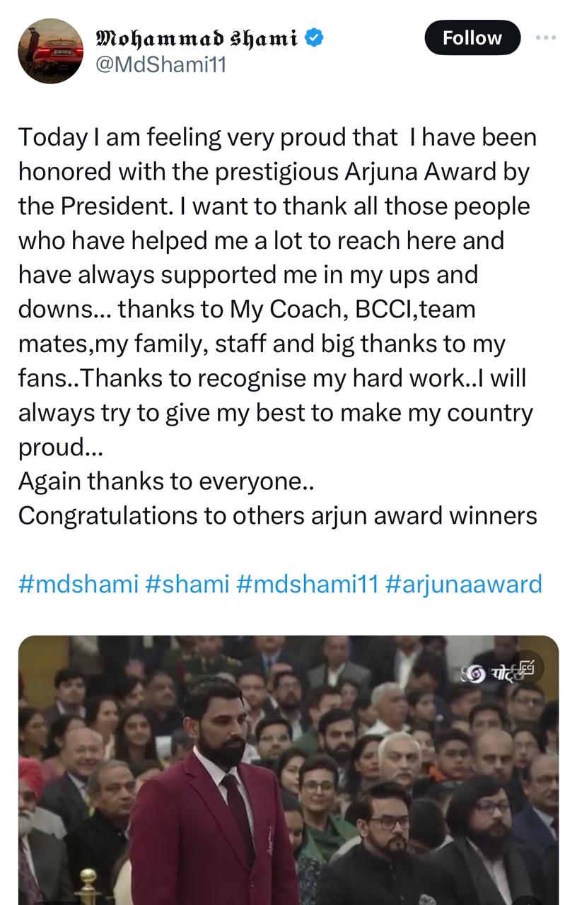 Cricketer Mohammed Shami took 24 wickets in 7 world cup matches last year. He on X, said “ Today, I am filled with immense pride as I receive the esteemed Arjuna Award from the President.”