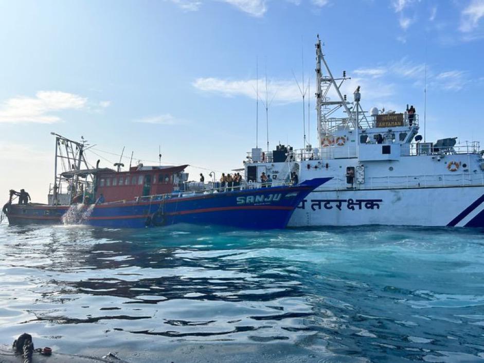 The Indian Coast Guard (ICG) rescued a fishing boat based in Kochi, along with 12 fishermen, preventing it from sinking due to underwater hull damage and uncontrolled flooding. 