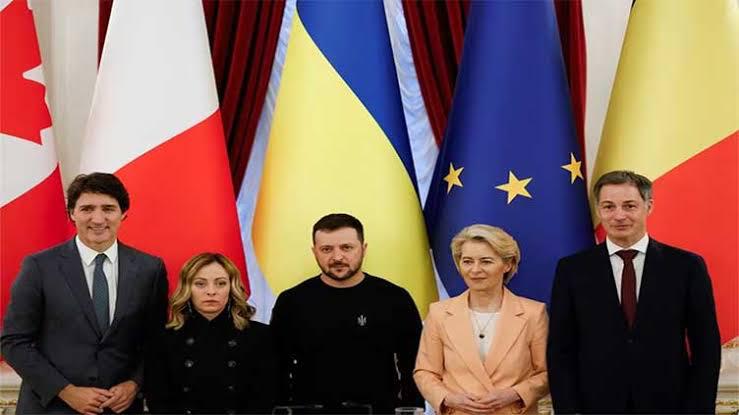 Canada's Justin Trudeau, Italy's Giorgia Meloni, Ukraine Prez Zelenskyy, European Commission President Ursula von der Leyen and Belgian PM Alexander De Croo.