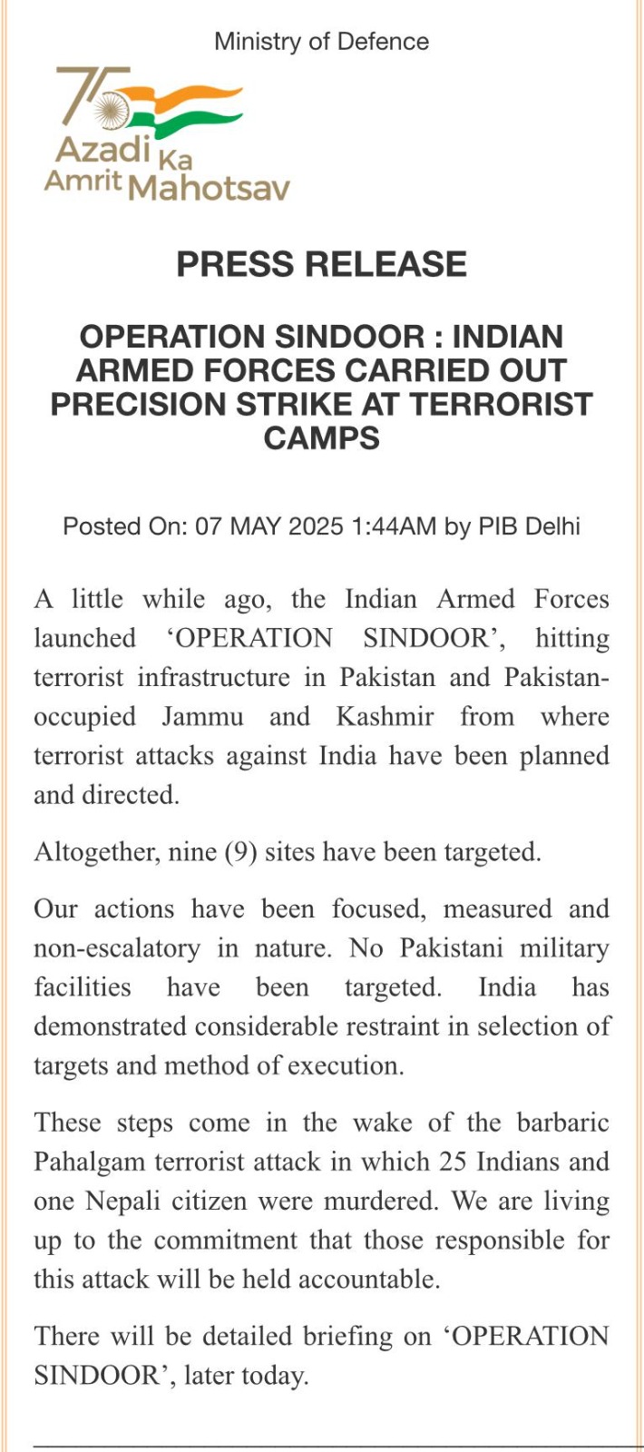 OPERATION SINDOOR - Indian Armed Forces Launch Targeted Assault on Terrorist Spots in Pakistan