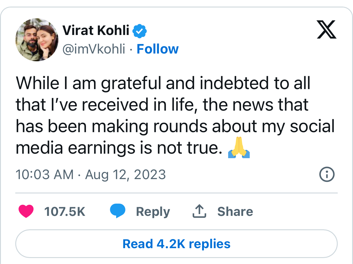 Photo Virat Kohli's Instagram earnings could be overstated