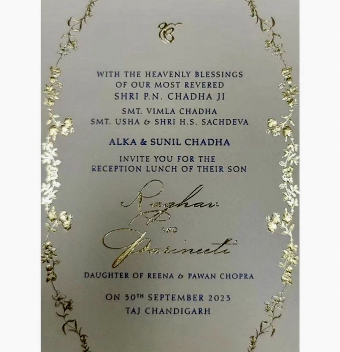 Photo Parineeti Chopra and Raghav Chadha's Sept. 30 Chandigarh Wedding Reception Invite Goes Viral 