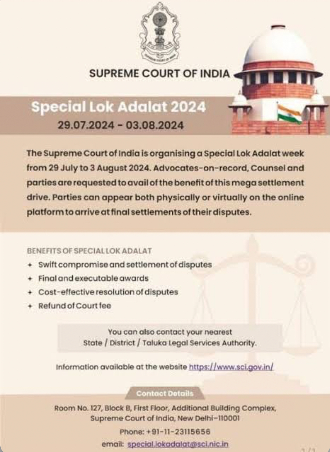 Supreme Court to Hold Special Lok Adalat in Celebration of 75th Year