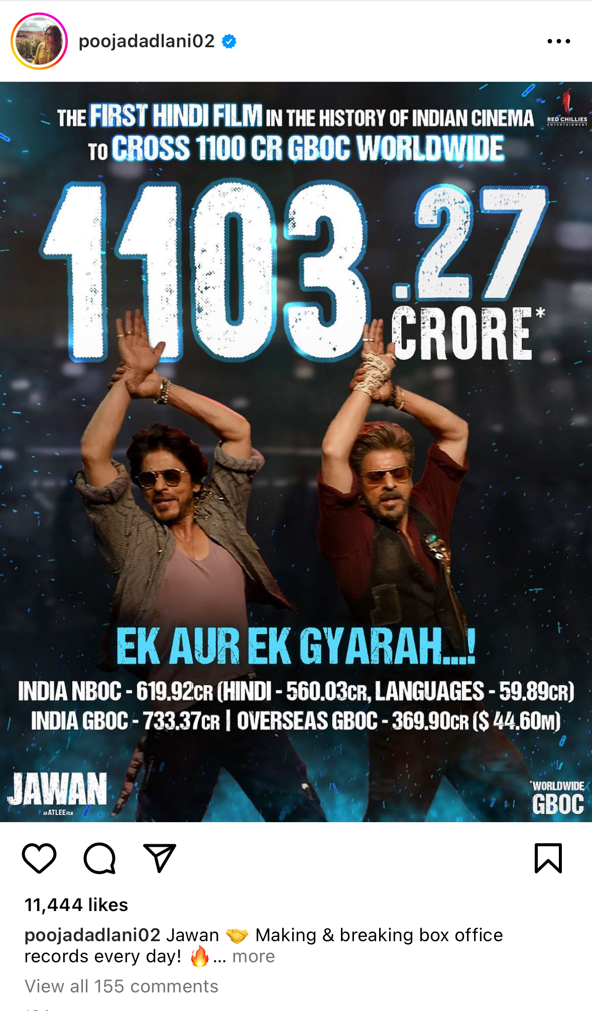 Jawan becomes the first Hindi film to collect ₹1100 crore worldwide