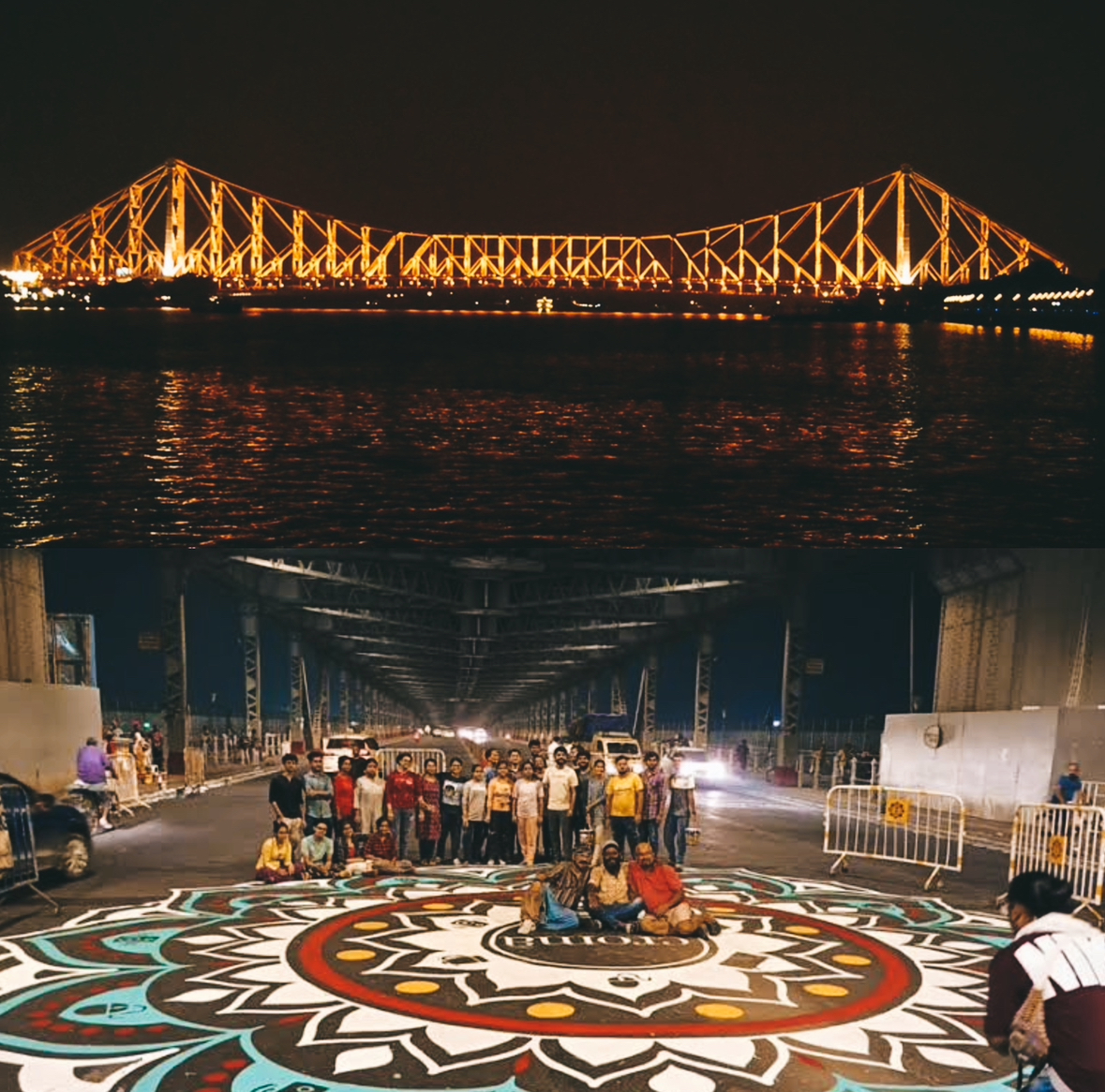 Colorful 'Alpana' patterns decorate Kolkata's Howrah Bridge before Durga Puja