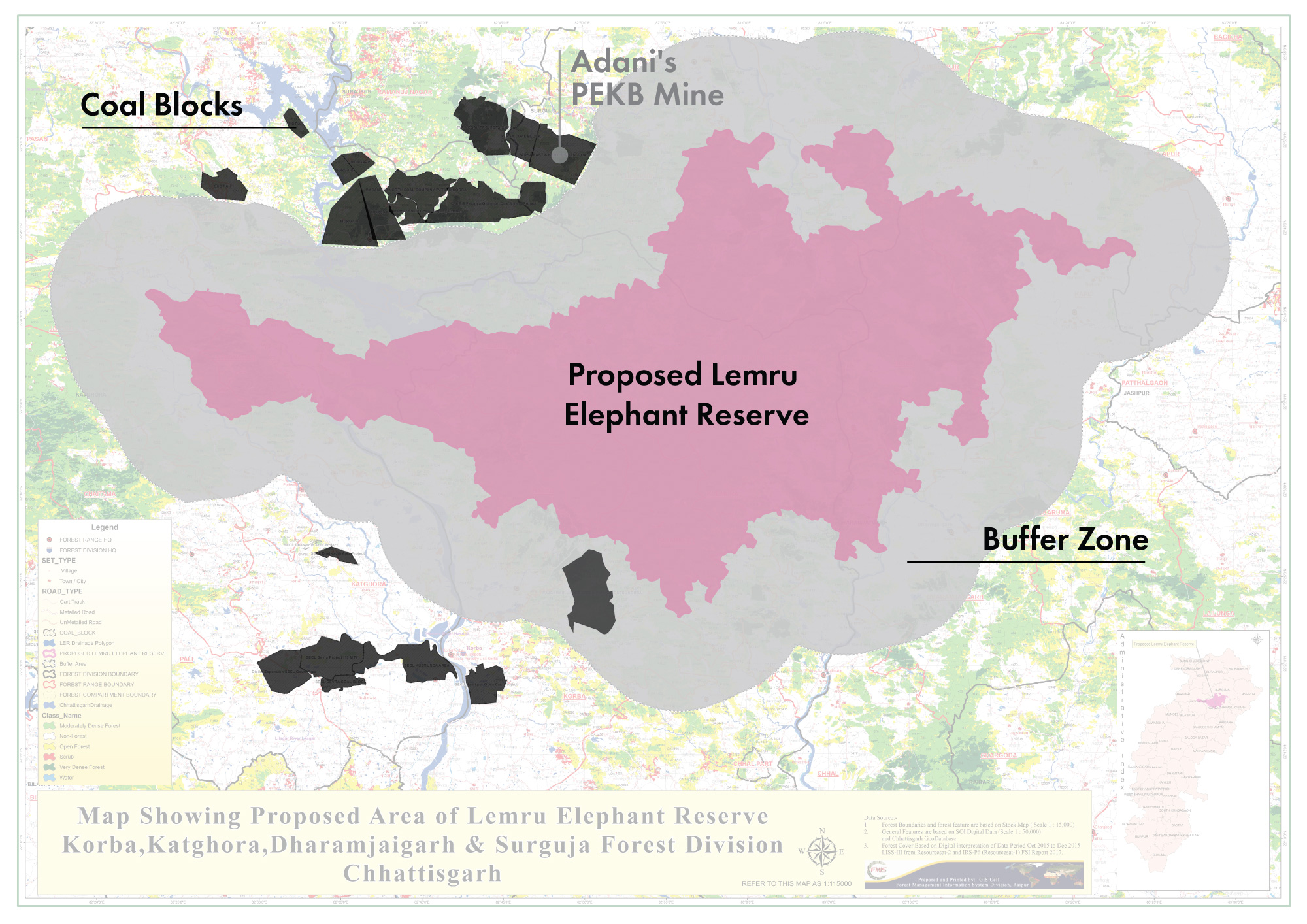 photo: 1: Map of Hasdeo Arand region with forest cover and wildlife presence