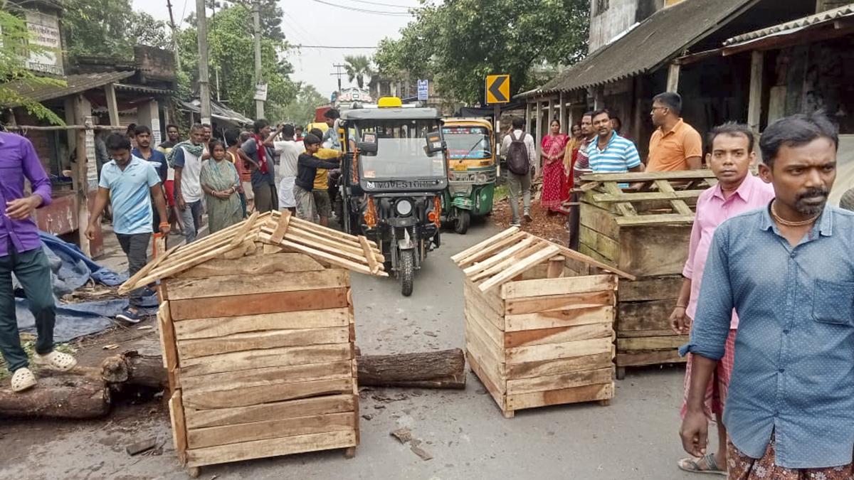 Irate villagers block a road as they stage a protest after an incident of alleged rape and murder of a young village girl in Kultali area of South 24 Parganas district in West Bengal, on October 5, 2024