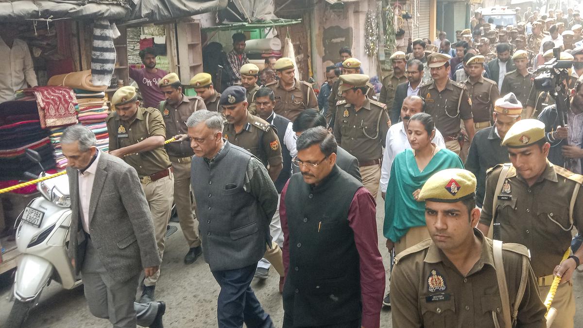 On December 1, 2024, a three-member judicial commission made up of retired IPS officer Arvind Kumar Jain, retired IAS officer Amit Mohan Prasad, and retired Allahabad High Court judge Devendra Kumar Arora visits the Shahi Jama Masjid in Sambhal, Uttar Pradesh. | Photo Credit: PTI