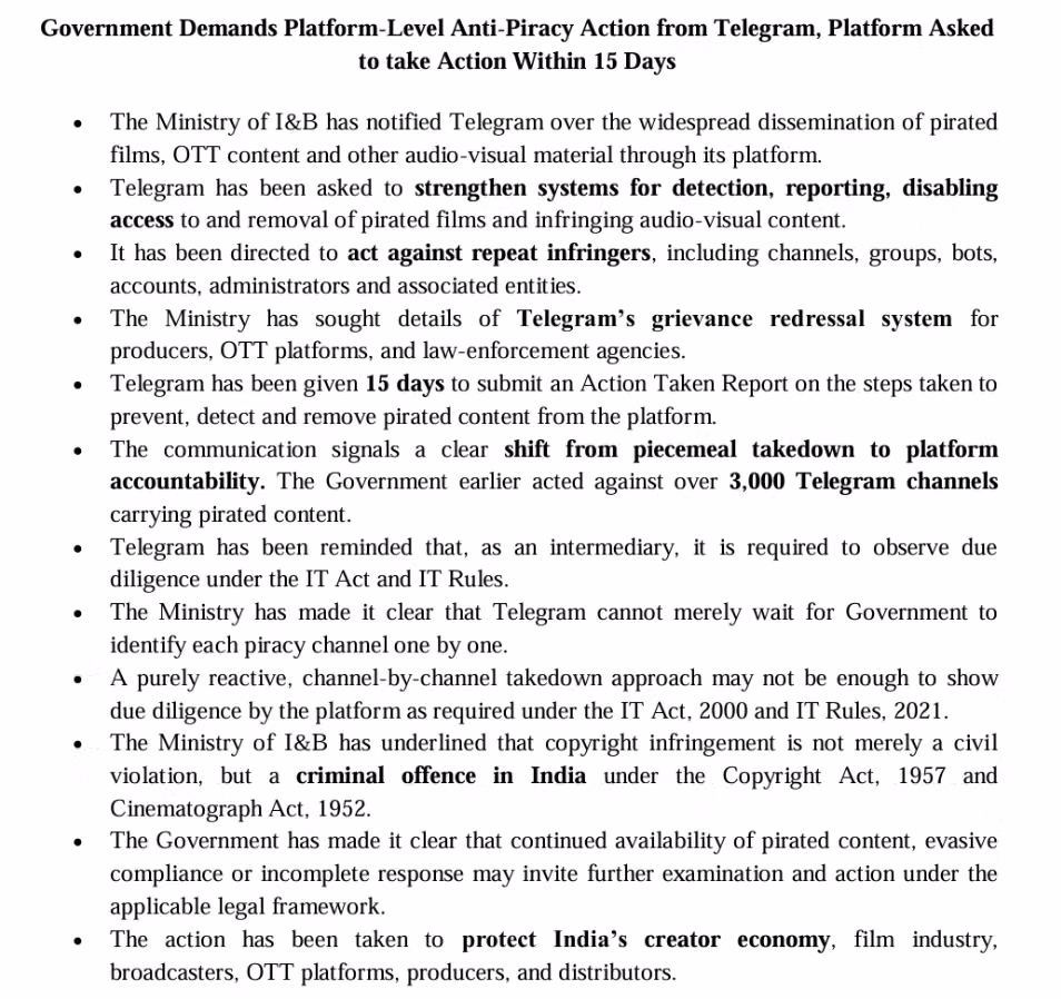 Government Orders Telegram to Remove 3,100+ Piracy Channels in 15 Days