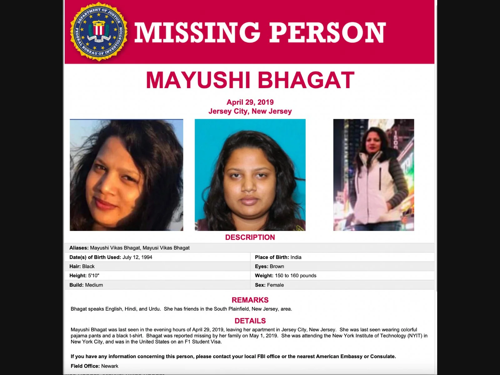 Mayushi Bhagat missing