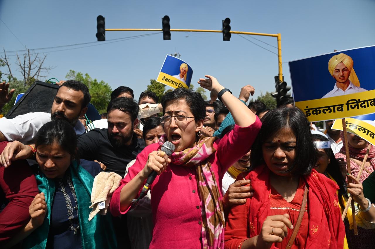 AAP leader Atishi protesting