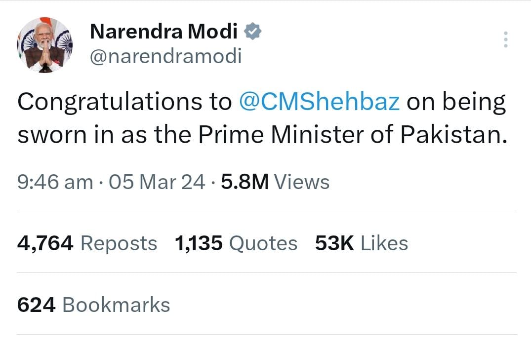 PM modi congratulates shehbaz sharif on X