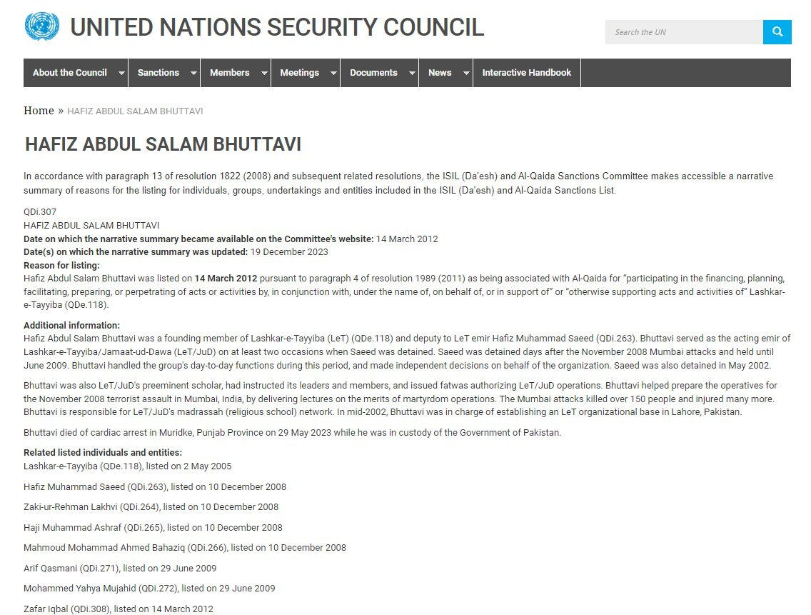 Lashkar-E-Taiba Founder & 26/11 Conspirator Hafiz Saeed Aide, Bhuttavi Confirmed Dead By UNSC