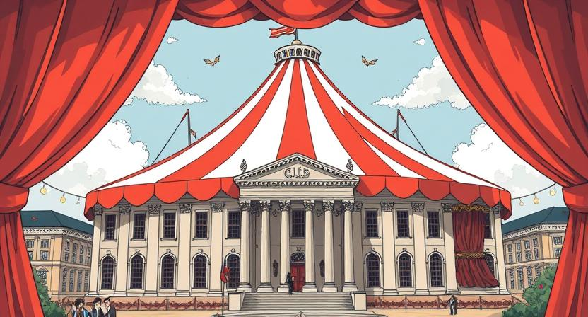 a large circus tent covering or hovering above city hall or parliament buildings.