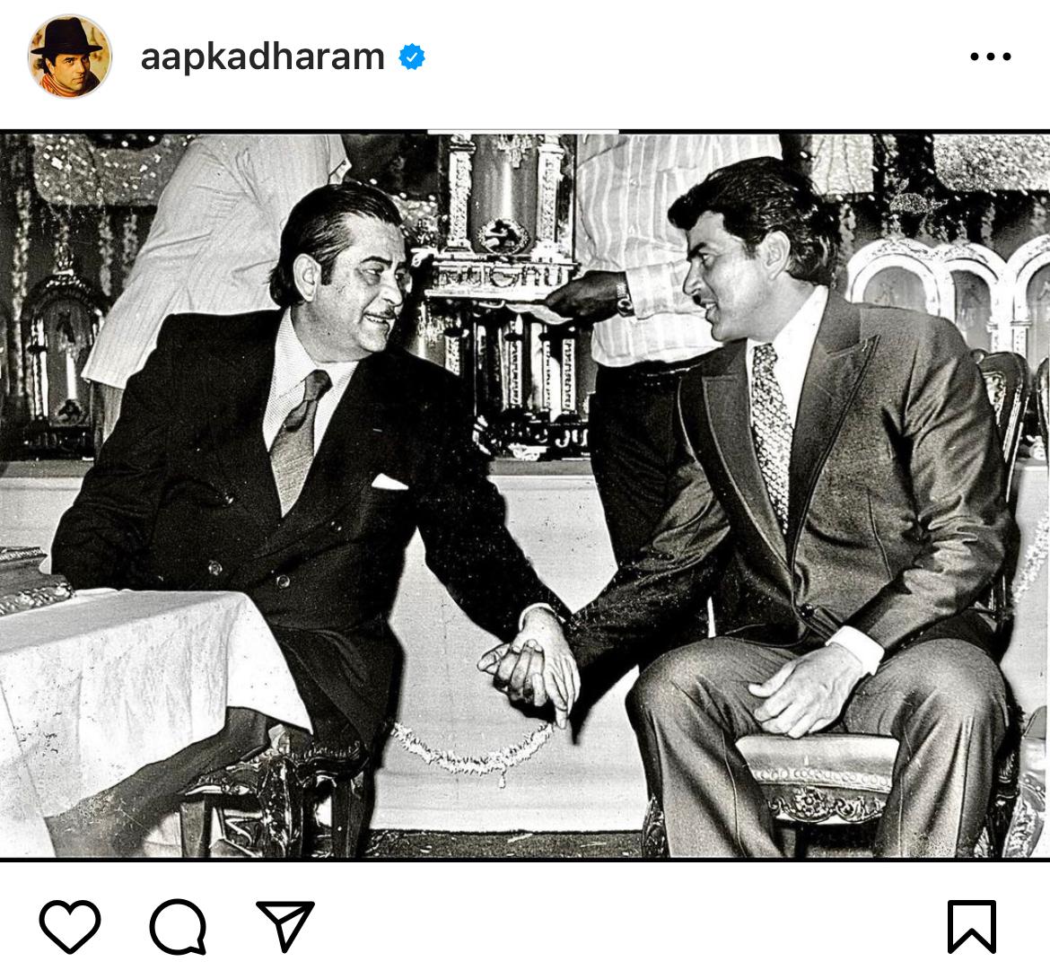 Legendary Actor Dharmendra shared a heartfelt tribute to Raj Kapoor on social media. 