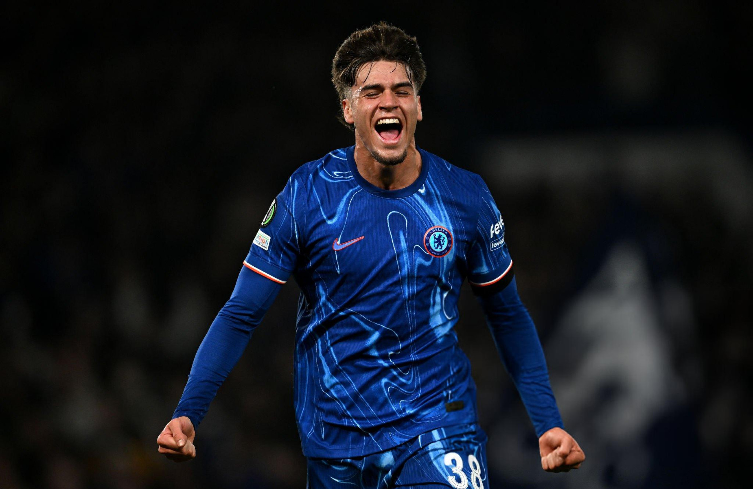 Marc Guiu of Chelsea celebrates scoring his team's second goal during the UEFA Conference League 2024/25 League Phase MD3 match between Chelsea FC and FC Noah at Stamford Bridge on November 07, 2024 in London, England.