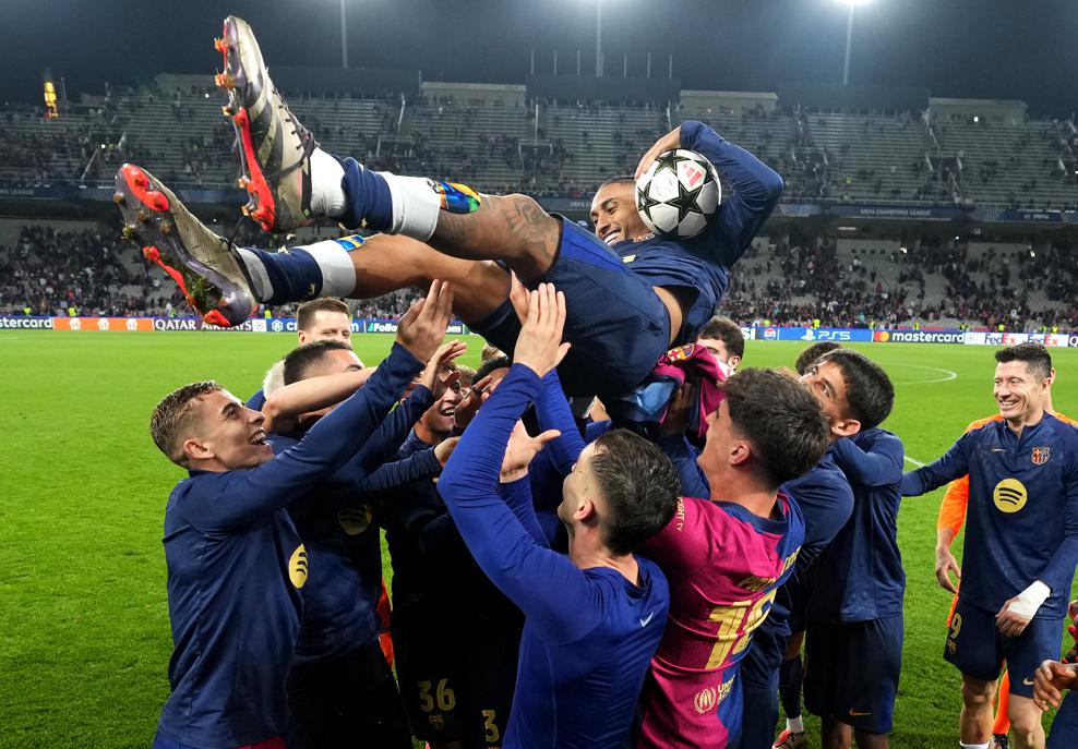 Barcelona's Raphinha celebrates after scoring. 