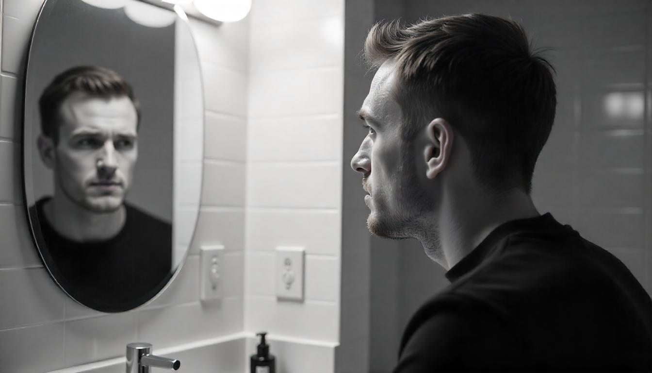 A man standing in front of a mirror, showing a mix of emotions.