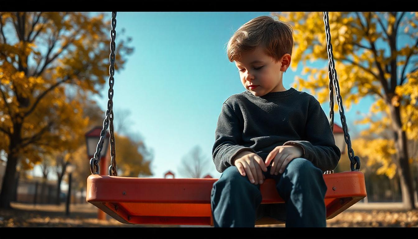 A young boy sitting alone on a playground, looking contemplative.