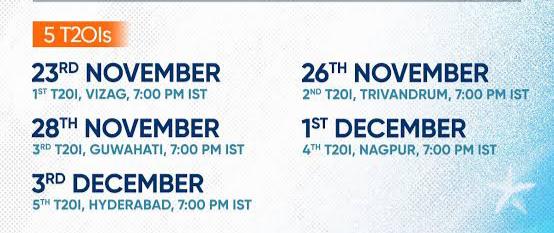 schedule of the T20Is between India Vs Australia