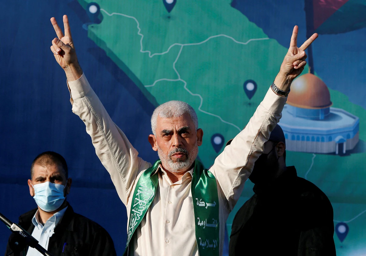 Hamas Gaza chief Yahya Sinwar gestures during an anti-Israel rally in Gaza City on May 24, 2021.