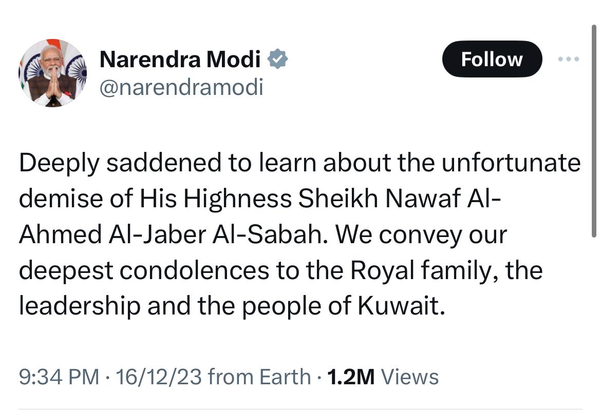  Prime Minister Narendra Modi conveyed his condolences over the passing of Kuwait's ruling emir 