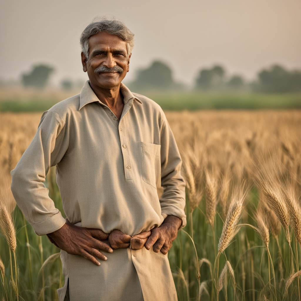 An farmer standing in his field and smiling